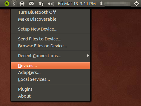 Screenshot of the bluetooth menu opened from the Ubuntu menu bar. Devices is fifth from the bottom