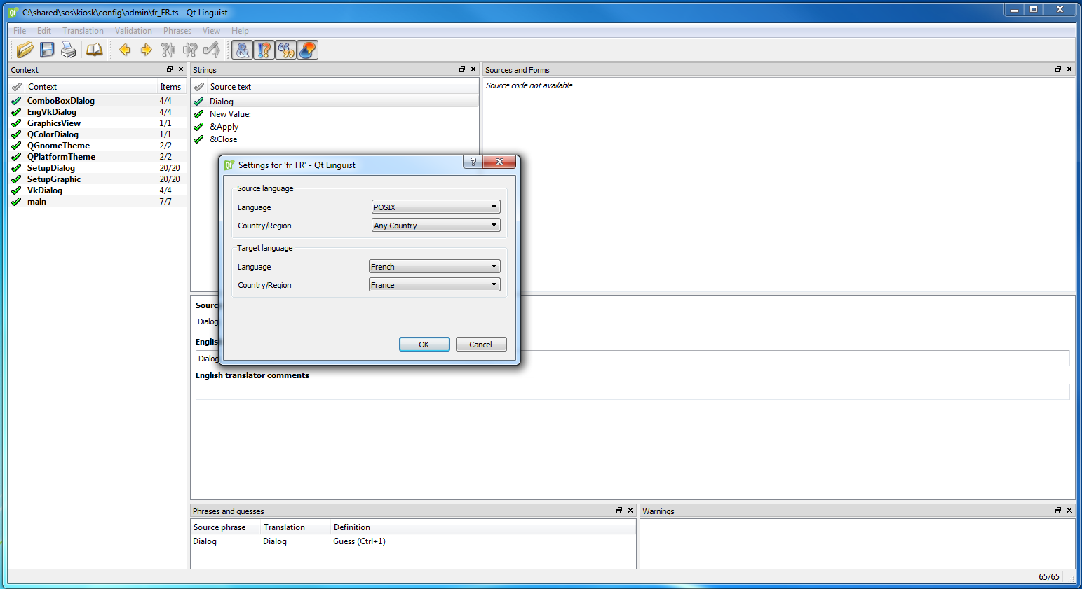 Screenshot of the Qt Linguist Translation File Settings dialog for the fr_FR locale