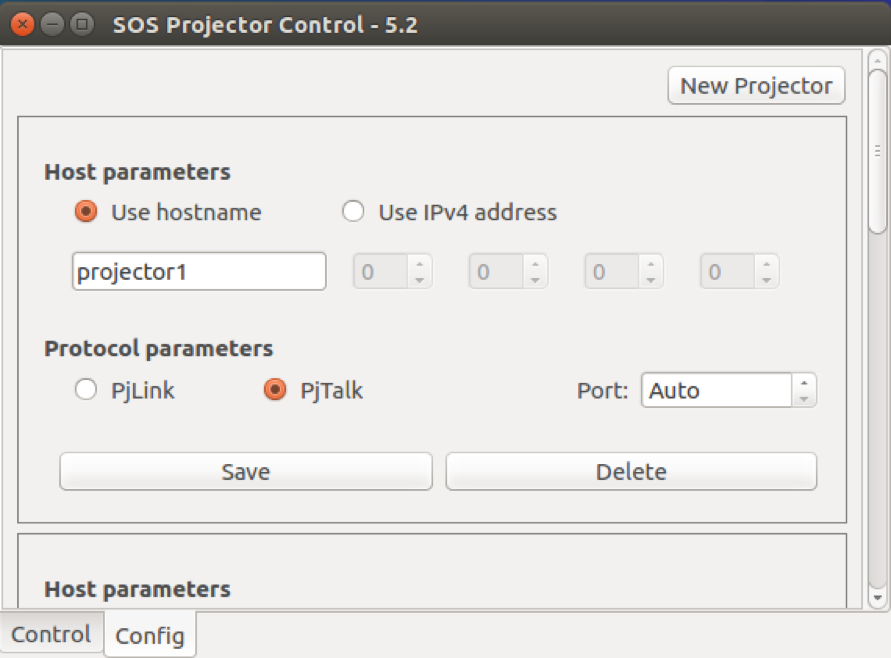 The SOS Projector Control window with the config tab selected