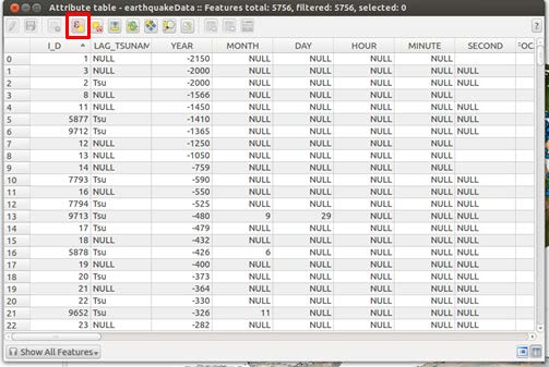 Screenshot of the QGIS Attribute table dialog for the earthquakeData layer