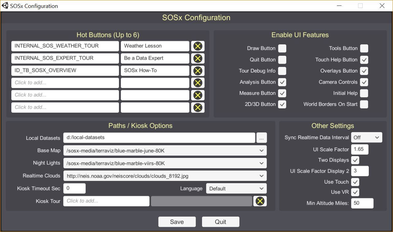 UI Scale Factor set to 1.65 and UI Scale Factor Display 2 set to 3.0 in the SOSx Config utility window