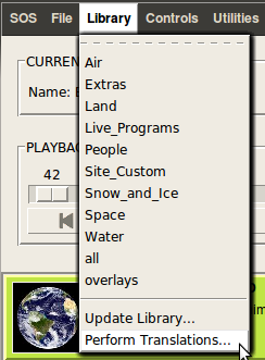 Screenshot of the Library menu. “Perform Translations” is the last menu item, “Update Library” is immediately above it