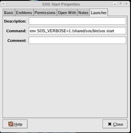 Screenshot of the SOS Start Properties dialog on the Launcher tab