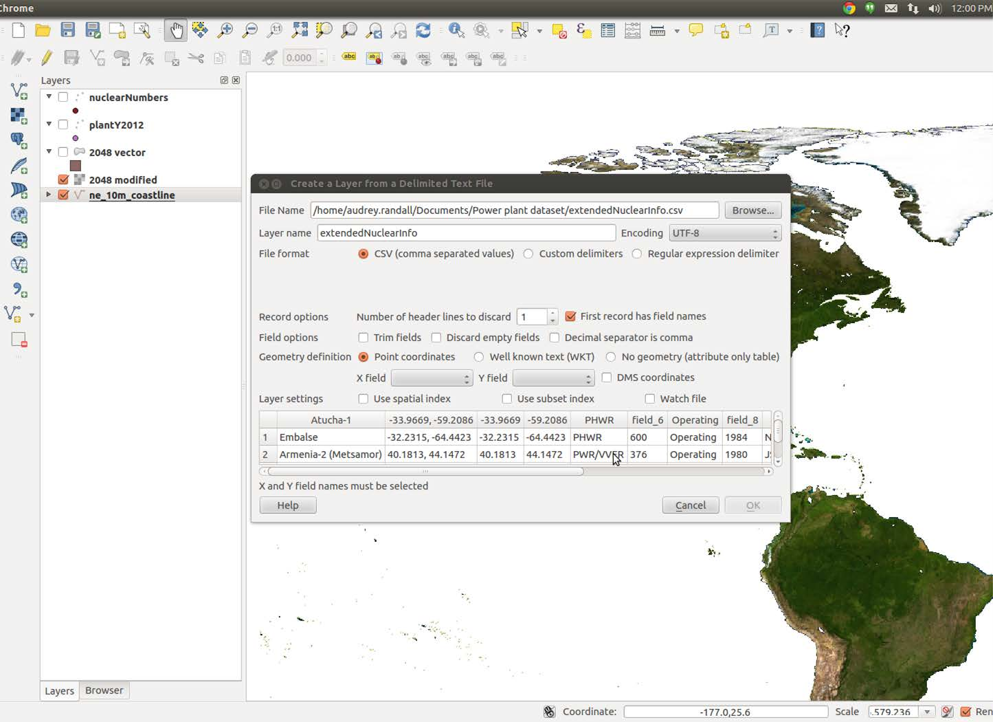 Screenshot of the QGIS Create a Layer from a Delimited Text File dialog