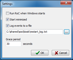 Screenshot of Restart on Crash settings configured to start minimized and log events to a file with a grace period of 30 seconds