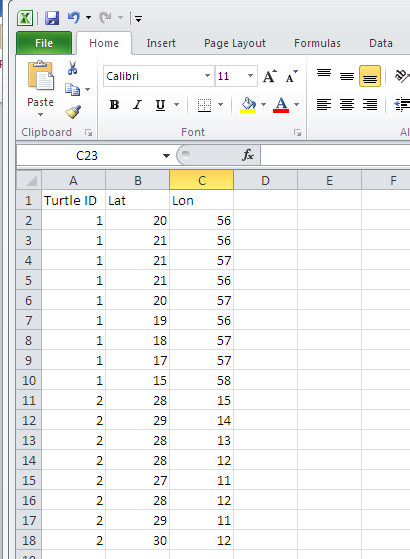 Spreadsheet with three columns — Turtle ID, Lat, and Lon — and 17 rows of data. Turtle ID is 1 for the first nine rows of data, and 2 for the remaining rows