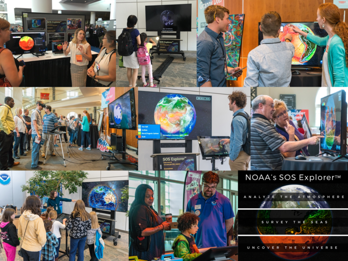A collage of people using SOS Explorer to learn about various scientific phenomena