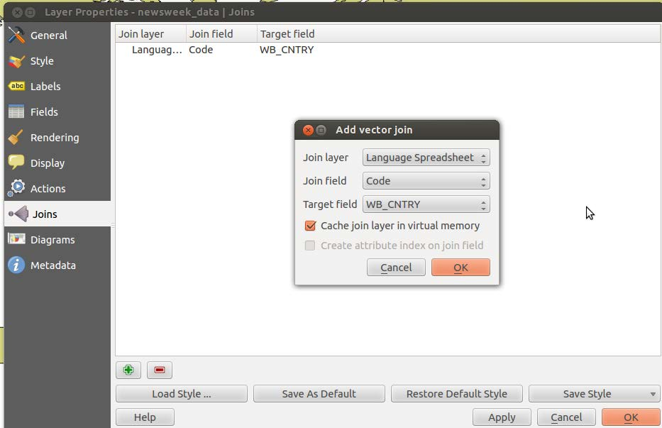 Screenshot of the Add vector join dialog opened over the Joins tab of the Layer Properties dialog