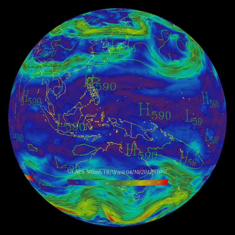 GLAPS Model: 500mb Heights and Wind Speed - Real-time thumbnail