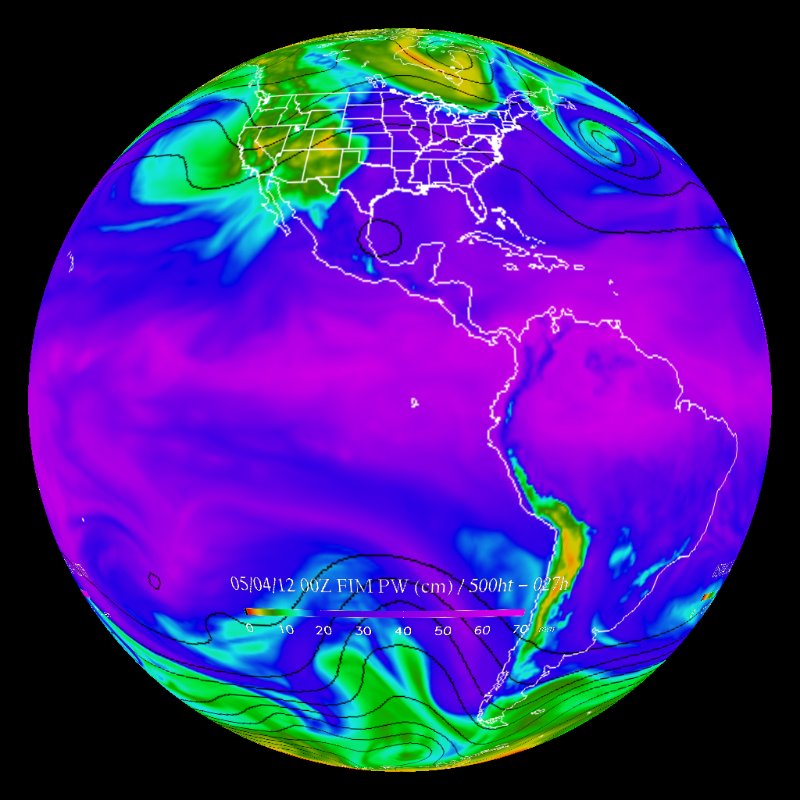 FIM Forecast Model: Precipitable Water and 500mb Height Contours - Real-time thumbnail