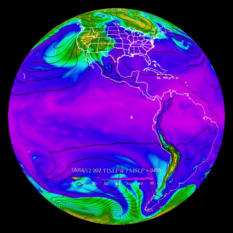 FIM Forecast Model: Precipitable Water MSL Pressure Contours - Real-time thumbnail