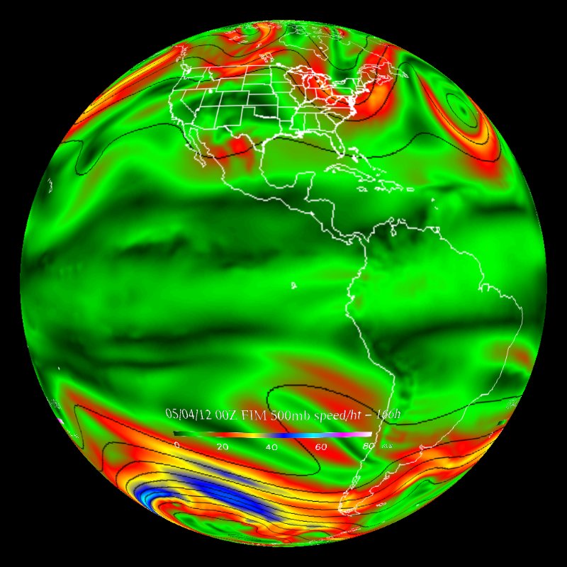 FIM Forecast Model: 500mb Wind Speed and 500mb Height Contours - Real-time thumbnail