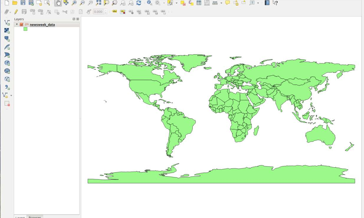 QGIS displays a map of the continents. Country borders are drawn in black, landmasses are all colored the same neon green