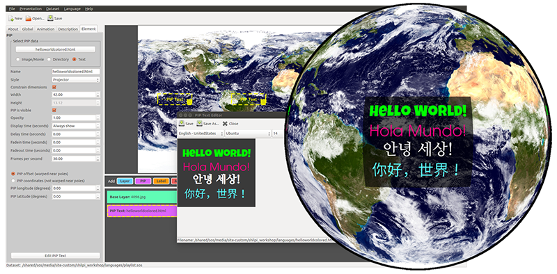 Screenshot of the Text PIP editor in the Visual Playlist Editor and the same Text PIP displayed on Science On a Sphere. The displayed Text PIP is written in English, Spanish, Korean, and Traditional Chinese