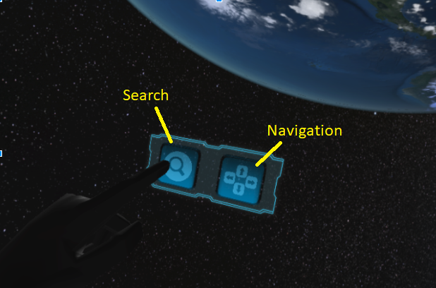 The search button is represented by a magnifying glass, and the navigate button is represented by arrows pointing up, down, left, and right