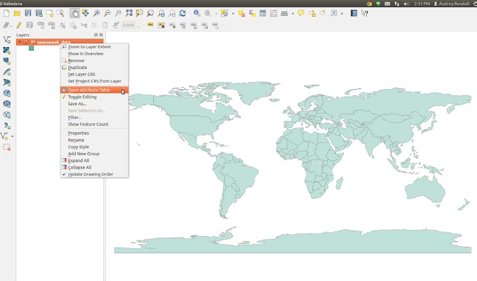 Screenshot of the layer context men with the mouse hovering over Open attribute table