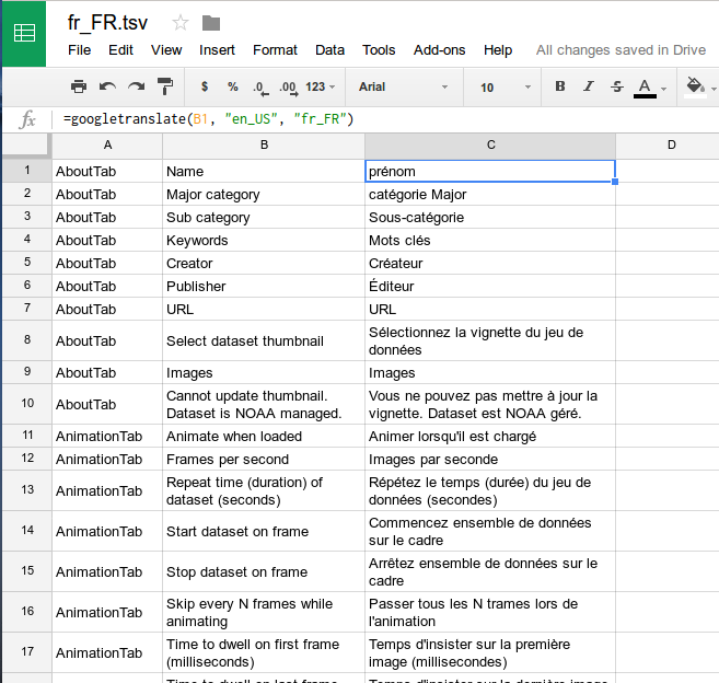 Screenshot of Google Sheets. Column B contains the English text, column C is the french translation of column B created with the googletranslate function