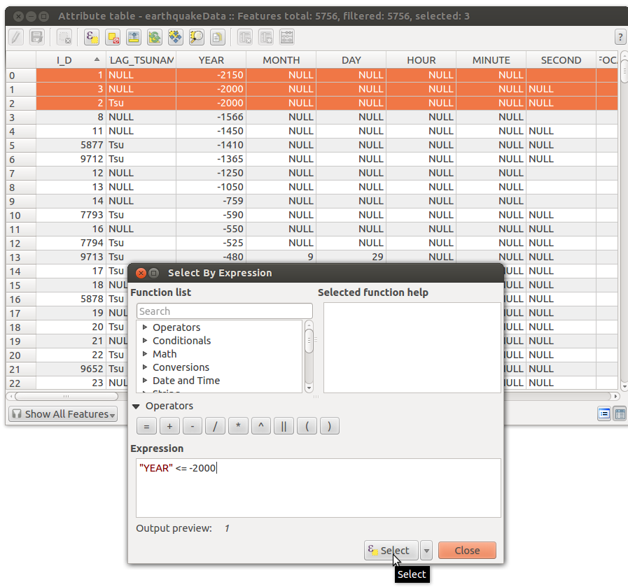 Screenshot of the Select By Expression Dialog