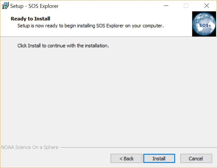 Dialog reading, Ready to Install. Setup is now ready to begin installing SOS Explorer on your computer. Click Install to continue with the installation.