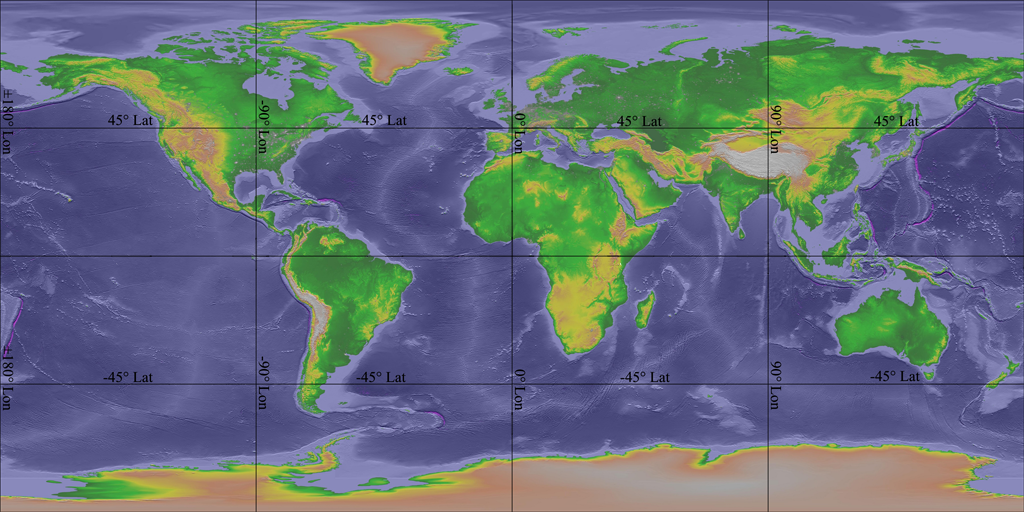 Earth projected onto a rectangle twice as wide as it is tall