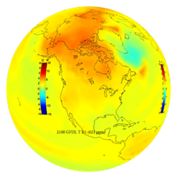 North America is displayed on a globe with data visualized in shades of yellow, red, and teal. A vertical, rainbow-colored rectangle in the Pacific Ocean indicates the scale of the data represented by the colors