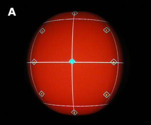 A red background with white grid lines and nine cyan diamonds is projected on the sphere