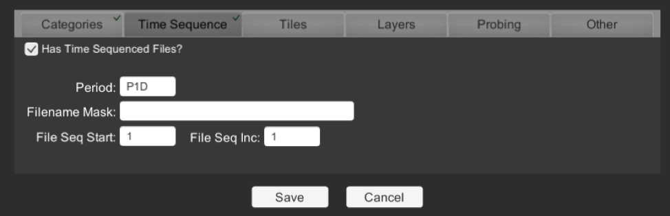 The time sequence tab has a checkbox to enable time-sequenced files in your dataset along with the fields necessary to configure the time sequence in the dataset