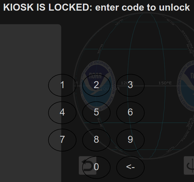 The locked kiosk presents a numeric keypad used to unlock the kiosk with a 4-digit code