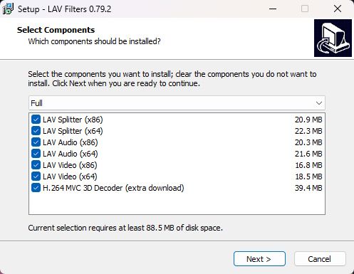 Shows the LAV Filters component selection page.