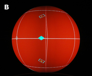 A red background with white grid lines and three cyan diamonds is projected on the sphere. Two overlapping vertical grid lines bisect the sphere, one of which is bowed to the right