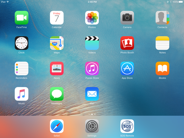 Screenshot of the iPad home screen showing the SOS Remote App icon in the dock