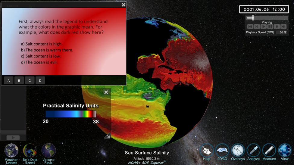 SOSx displays a multiple choice question prompting the viewer to interpret the legend for the currently displayed dataset