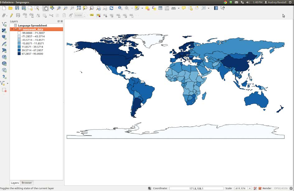 QGIS displays a map of the continents with country borders drawn in black. The countries are different shades of blue