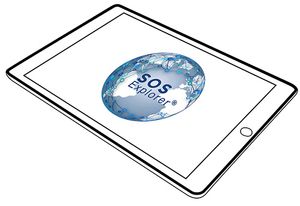 An iPad with a globe on the screen that reads SOS Explorer Mobile