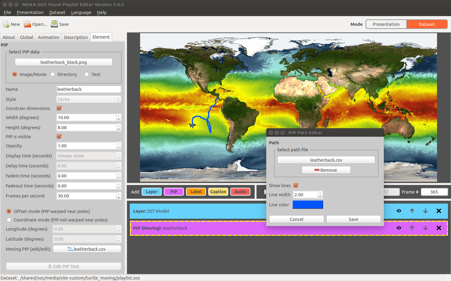 Screenshot of the visual playlist editor showing an example PIP created from the track of a sea turtle