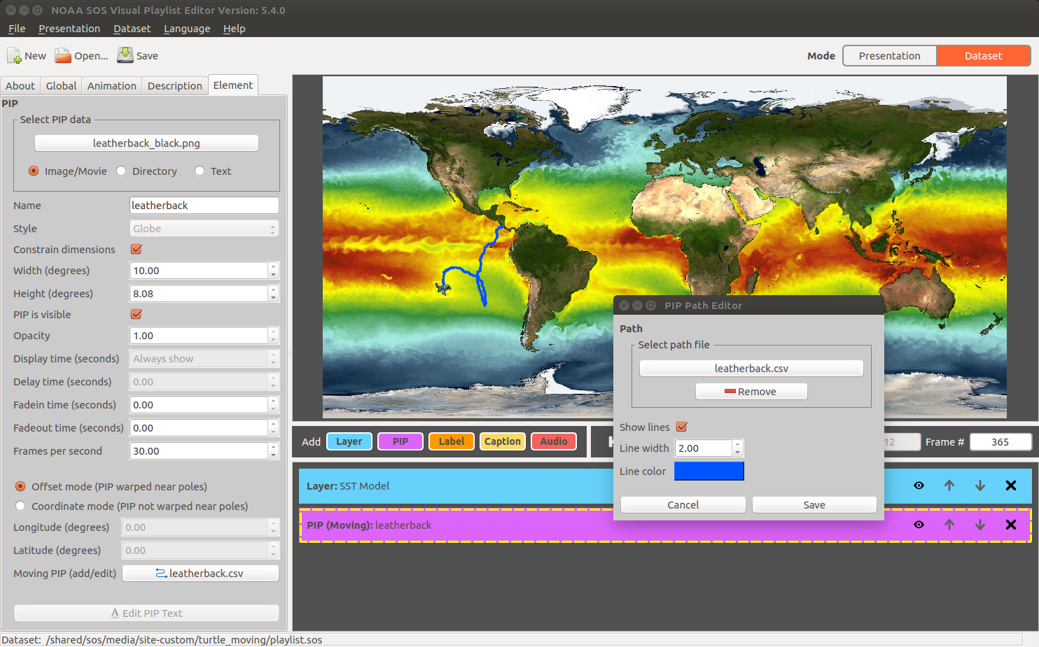 Screenshot of the PIP Path Editor dialog window over the Visual Playlist Editor window