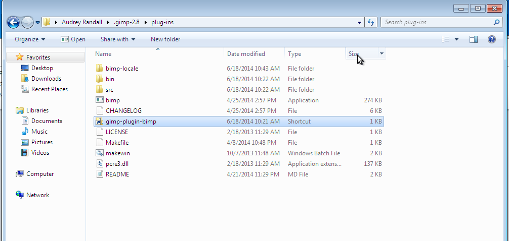 Screenshot of C:UsersAudrey Randall.gimp-2.8plug-ins folder open in Windows Explorer containing a folder named gimp-plugin-bimp
