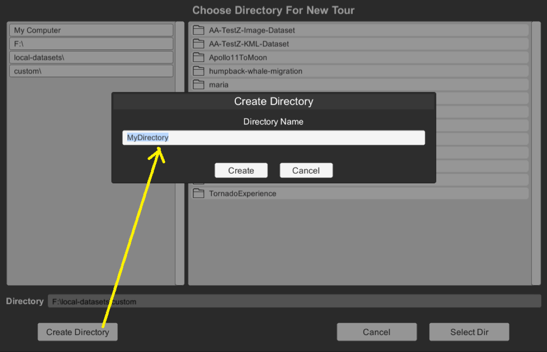 The Create Directory button opens a dialog window with a single text input for entering the name of the directory you'd like to create
