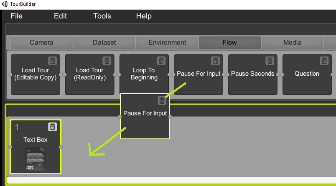 A box representing the Pause For Input task is partway between the task list and the main tour timeline. The main tour timeline is highlighted in green, indicating that the task will be added to it when the drag-n-drop operation is complete