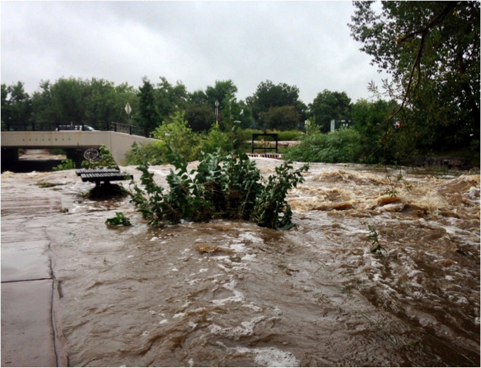 Water from a creek overflows the banks and floods the sidewalks