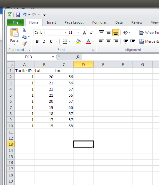 Spreadsheet with three columns — Turtle ID, Lat, and Lon — and nine rows of data. Turtle ID is 1 for all rows