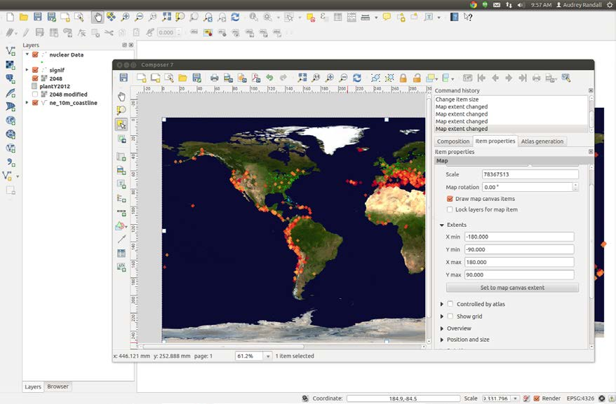 Screenshot of the QGIS print composer with the Item Properties tab open