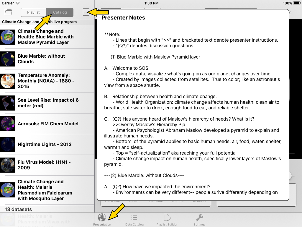 Screenshot of the Remote App displaying the presenter notes in the “Presentation” tab