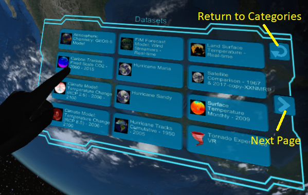 Twelve datasets in the Air category arranged ina 3×4 grid. There is a Return to Categories button represented by a backwards curving arrow, and a next page button represented by a rightward arrow head