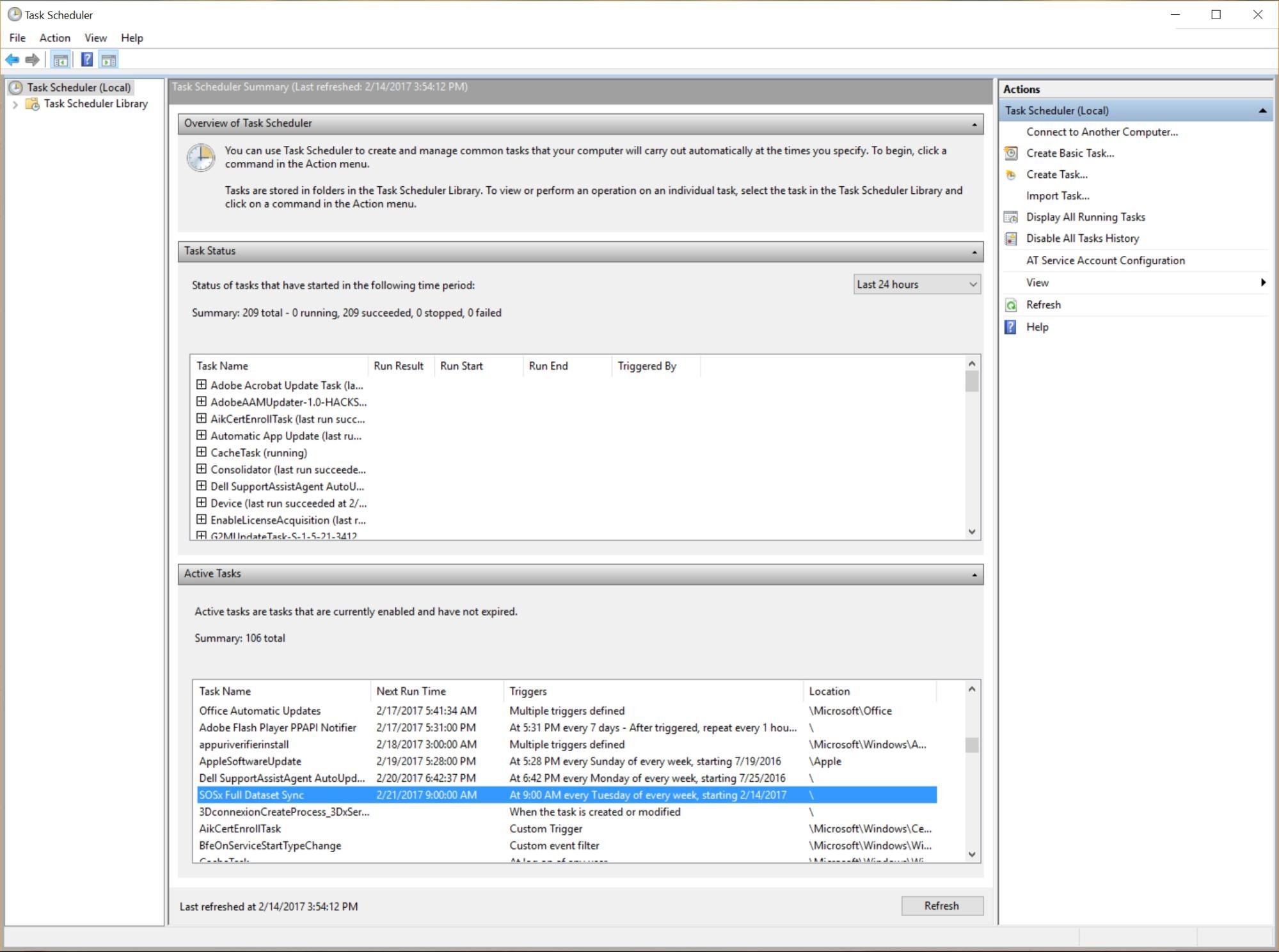 “SOSx Full Dataset Sync” task is selected in the list of “Active Tasks” in the Windows Task Scheduler
