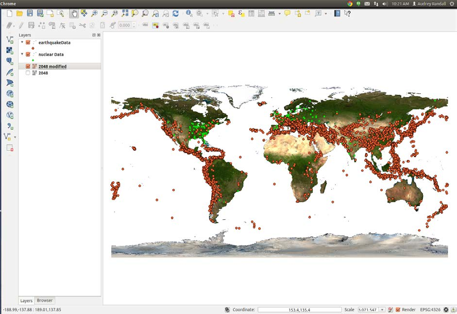 QGIS displays a map with small green circles representing nuclear reactor locations and small red circles representing earthquakes