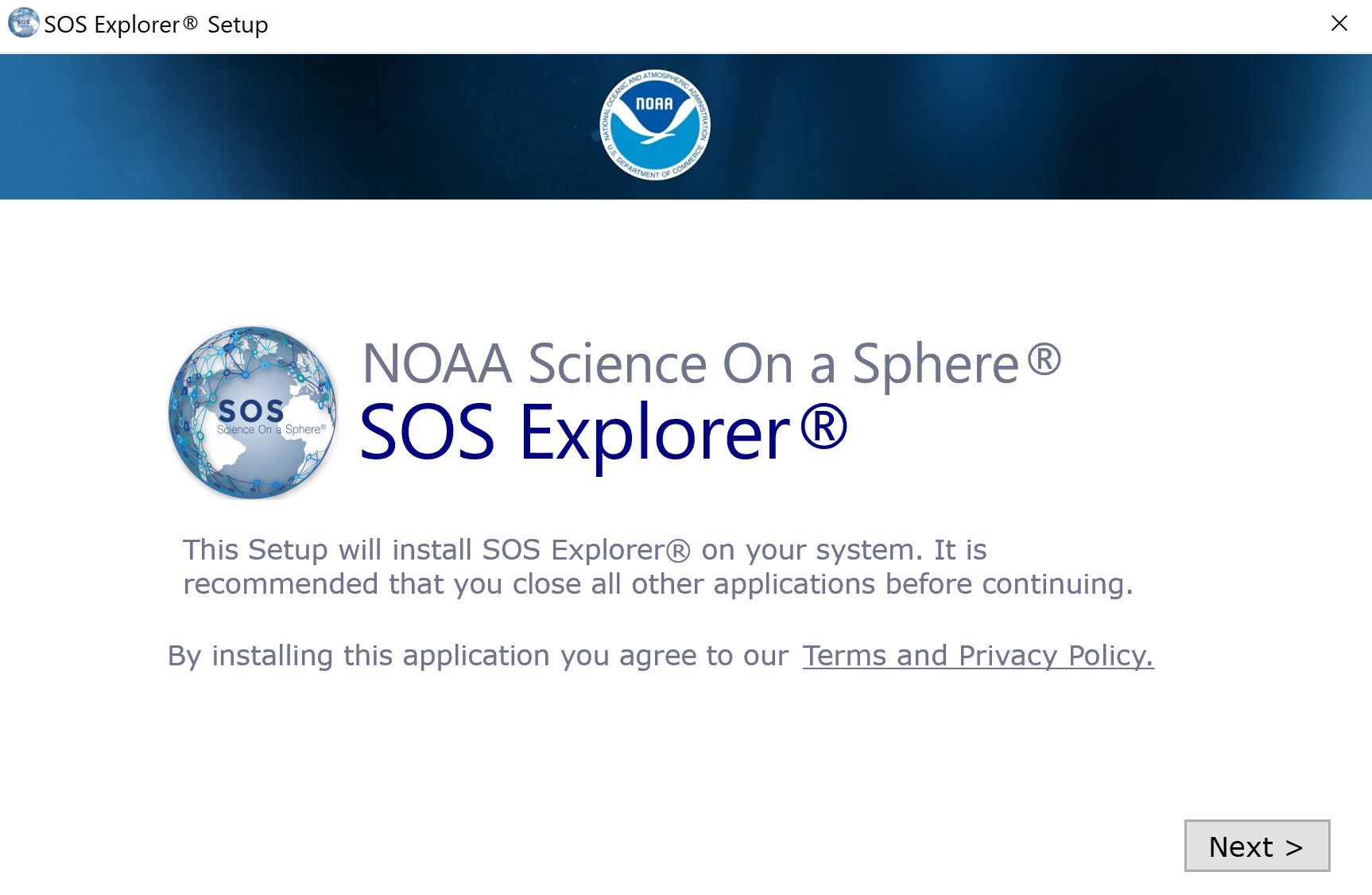 Shows the SOS Explorer® installer window. Click next to continue.
