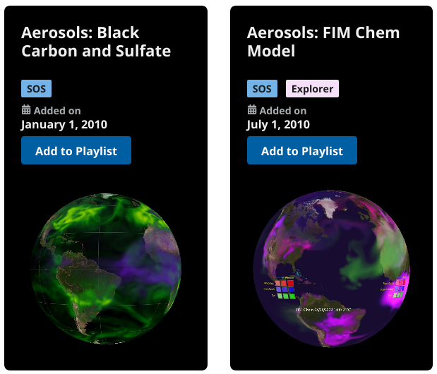 Screenshot of two dataset cards. Each card has an “Add to Playlist” button in the middle