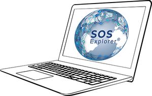 A laptop with a globe on the screen that read SOS Explorer