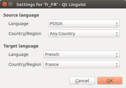 Screenshot of the Qt Linguist Translation File Settings dialog window. “Language” is set to “French”, “Region” is set to “France”